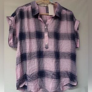 MELLODAY Pink and Purple Plaid Henley Top